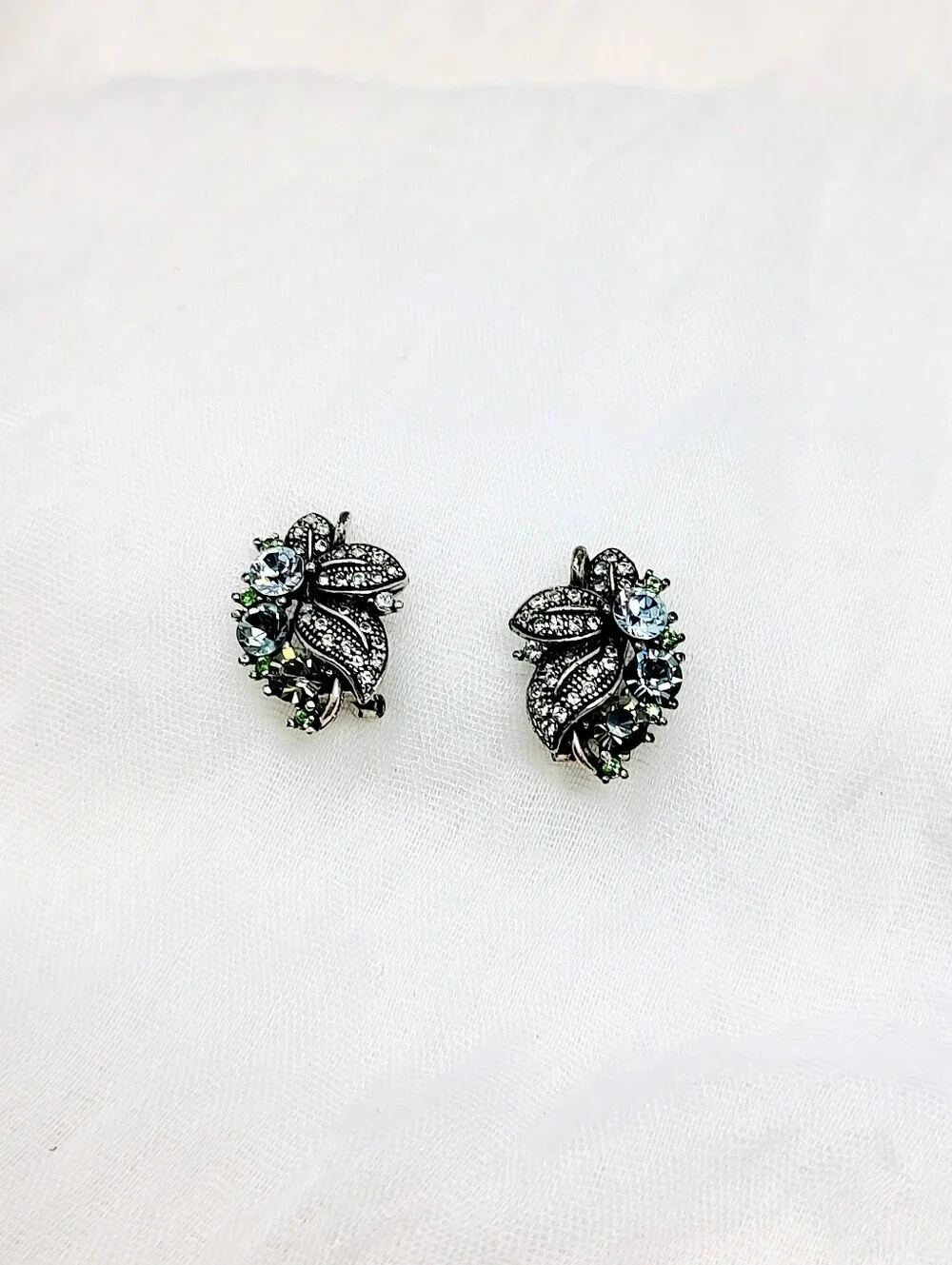 Lovely Vintage Marcasite Statement Earrings With Blue And Green Crystal Accents